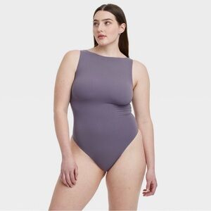 NWT Auden Women's Boatneck Luxe Stretch Fully Lined Bodysuit- Mauve Gray Size L